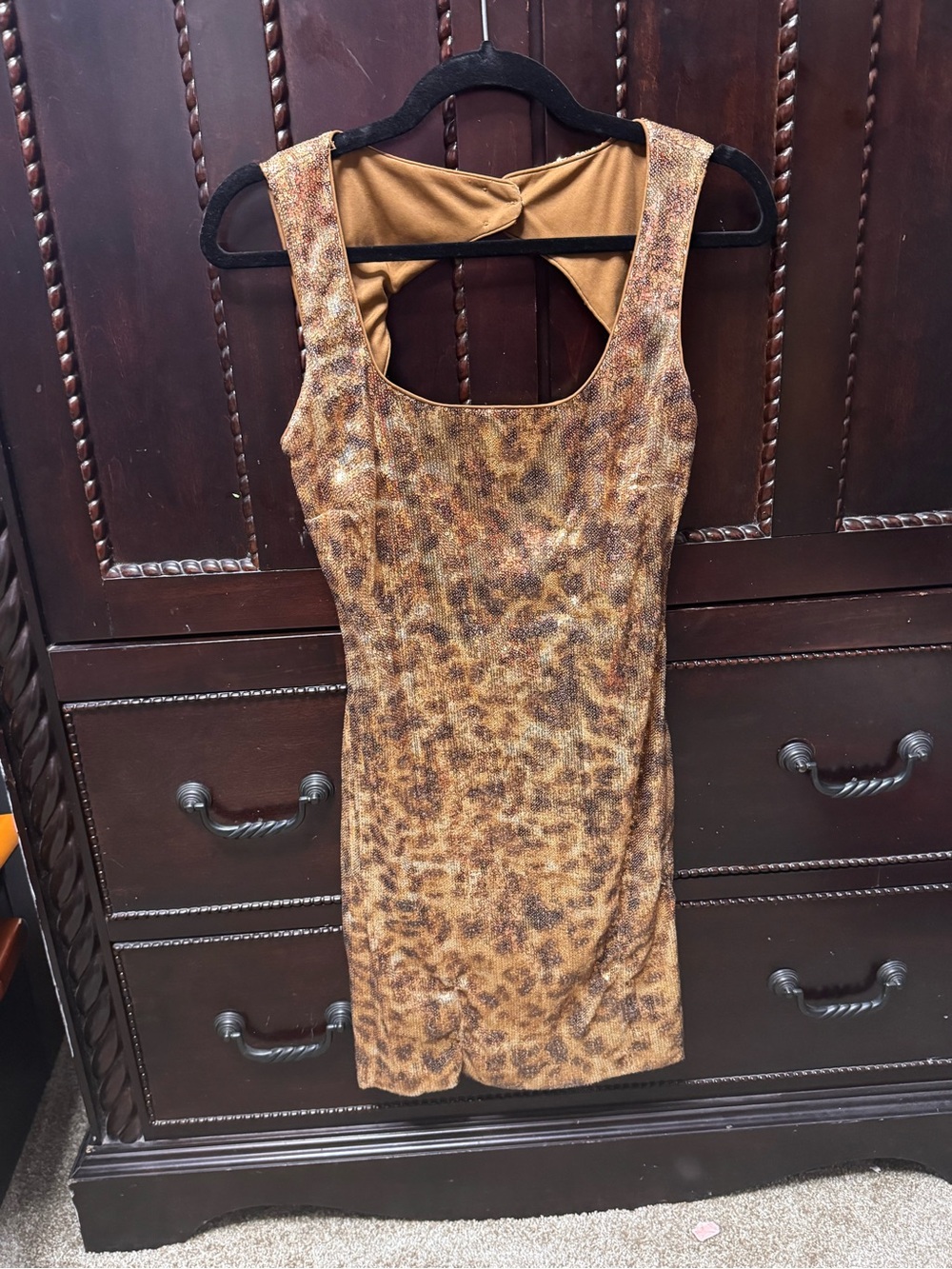 Sleeveless Open-Back Animal Print Dress in Brown Sequin